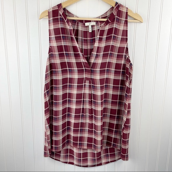 Joie Aruna Silk Sleeveless V-Neck Top Maroon Plaid Size Medium - Picture 3 of 8